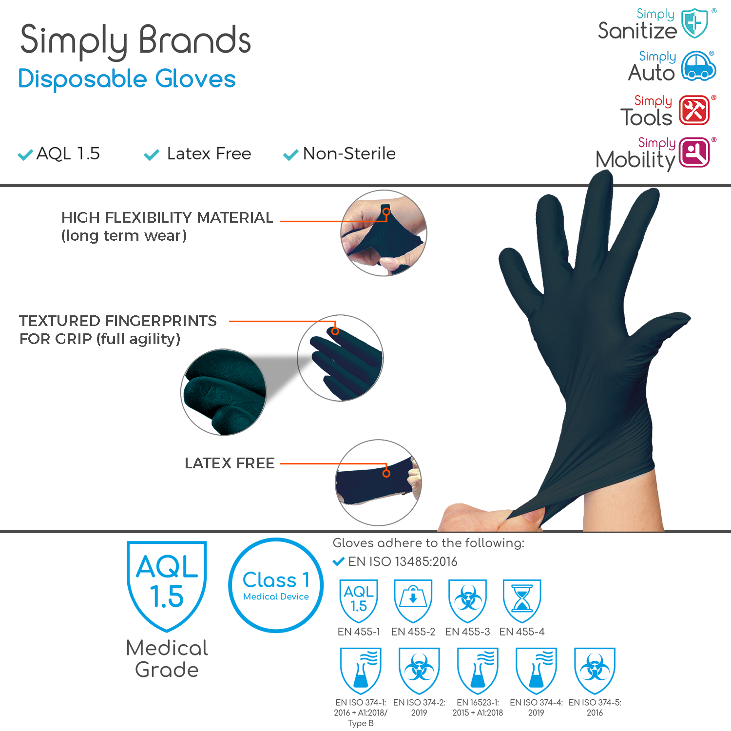 Simply Sanitize 100Pk Large Black Nitrile Gloves