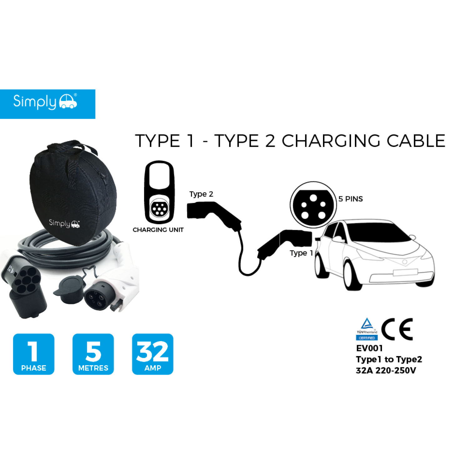 Simply Auto Type1 To Type2 32Amp 5M EV Cable 7.2kW