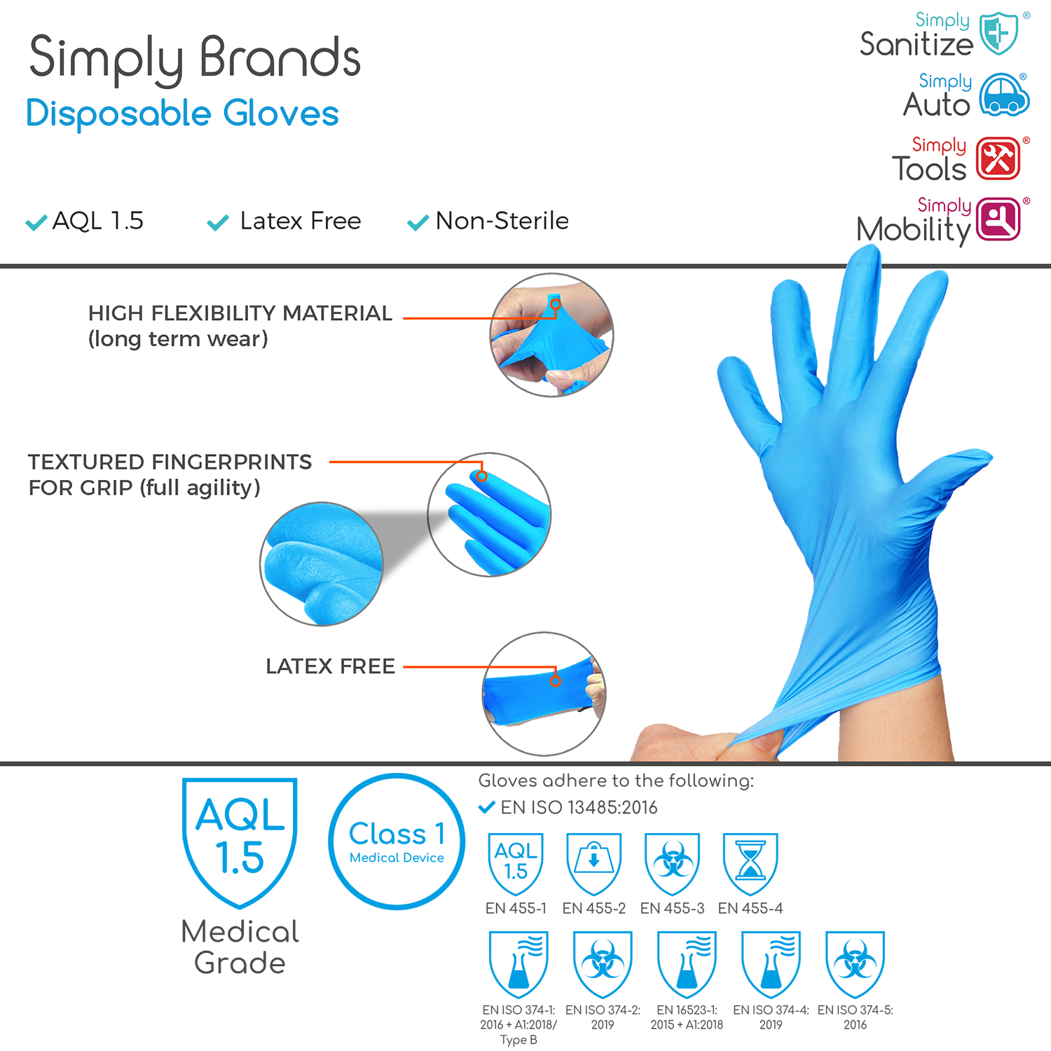 Simply Sanitize 100Pk Large Blue Nitrile Gloves