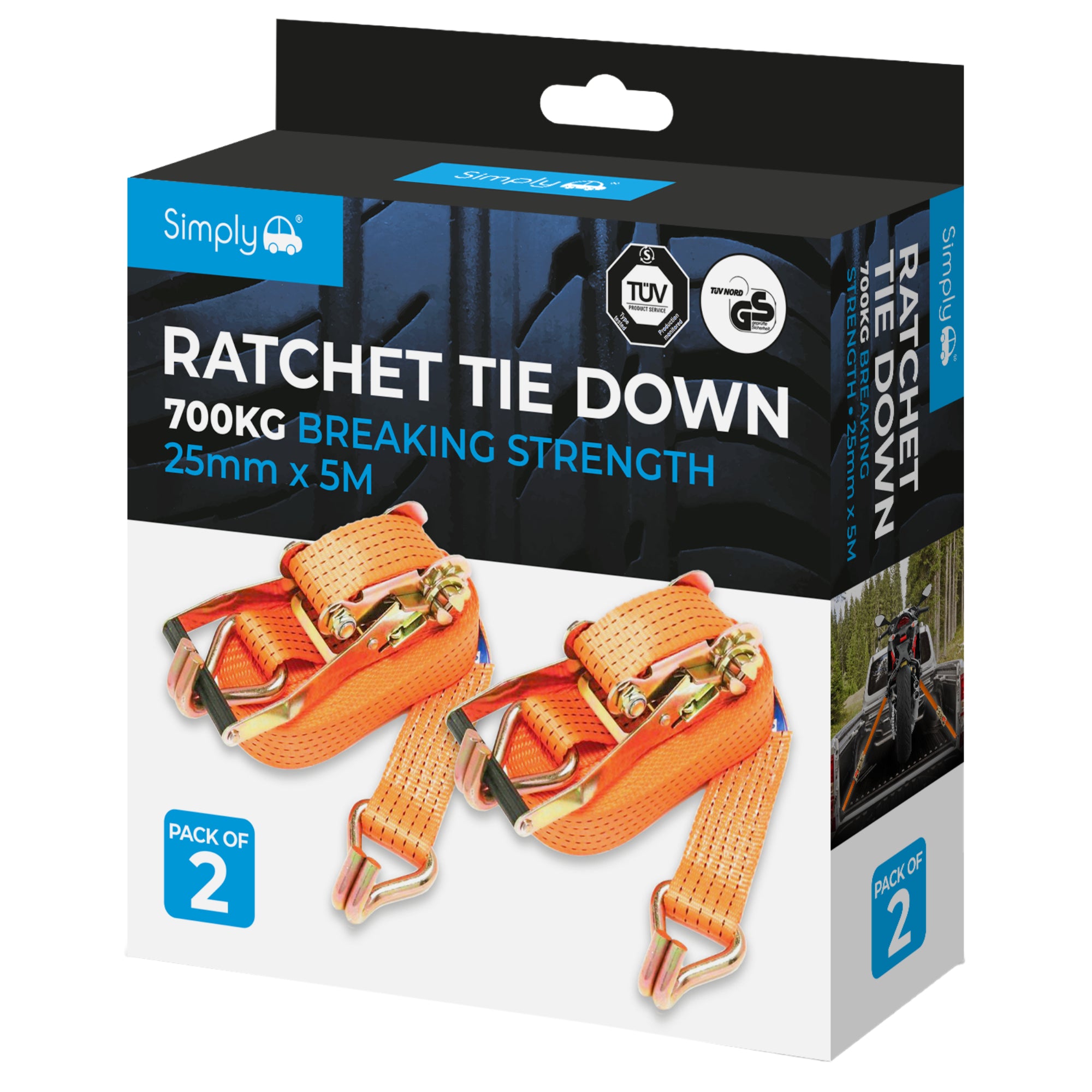 Simply Auto PK2 25mm*5M 700kg Ratchet Tie Down