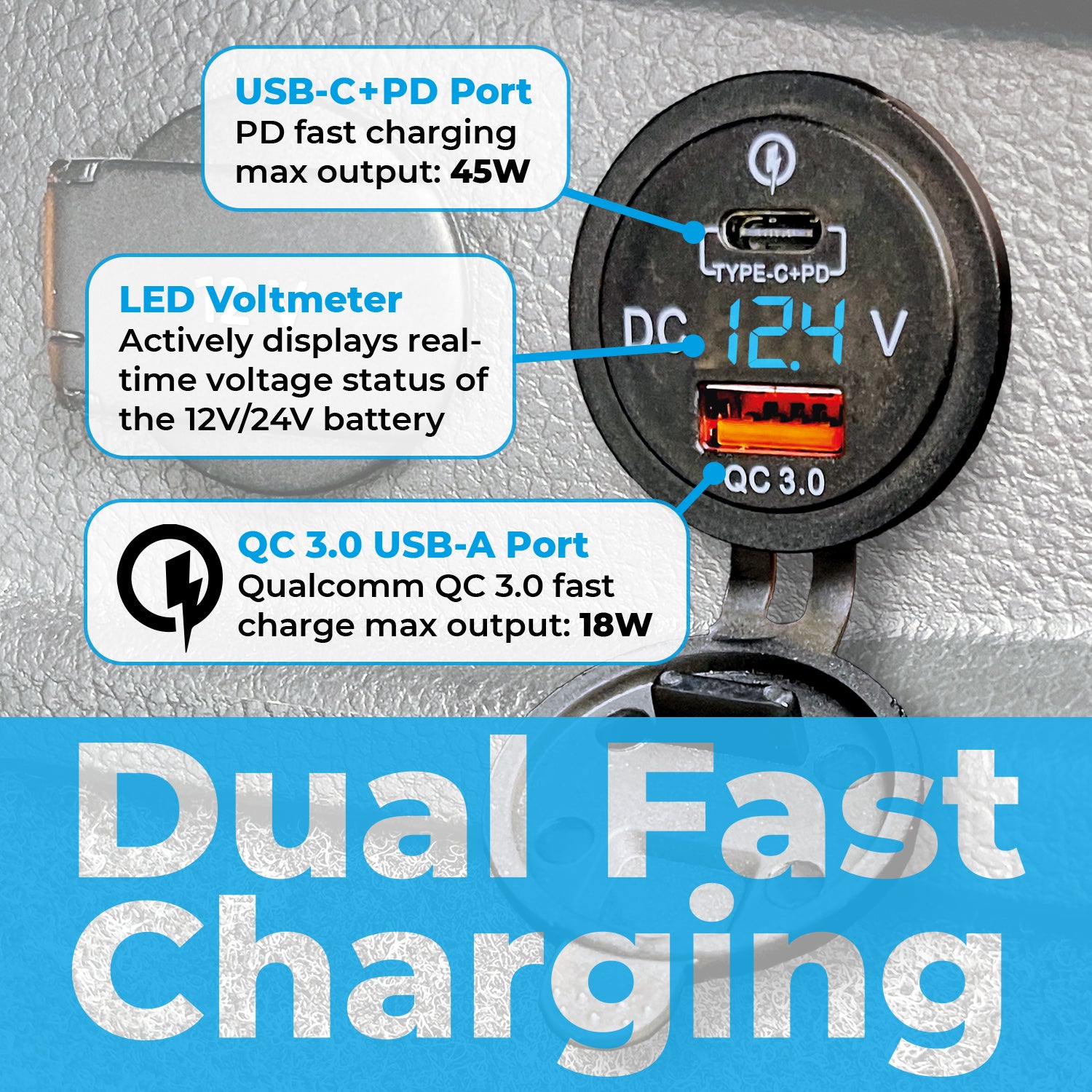 Simply Auto 12V QC3.0 USB & Type C With Voltmeter