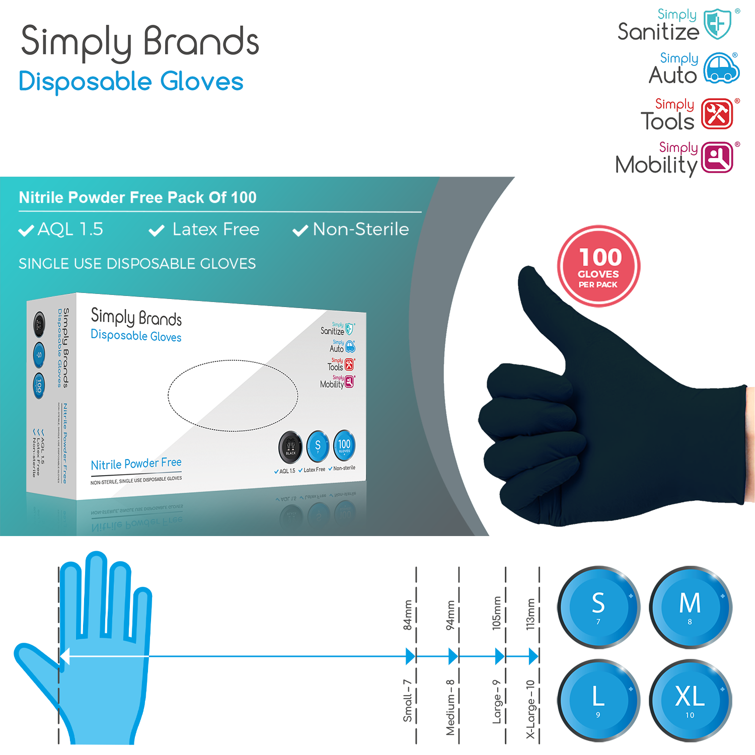 Simply Sanitize 100pk Medium Black Nitrile Gloves