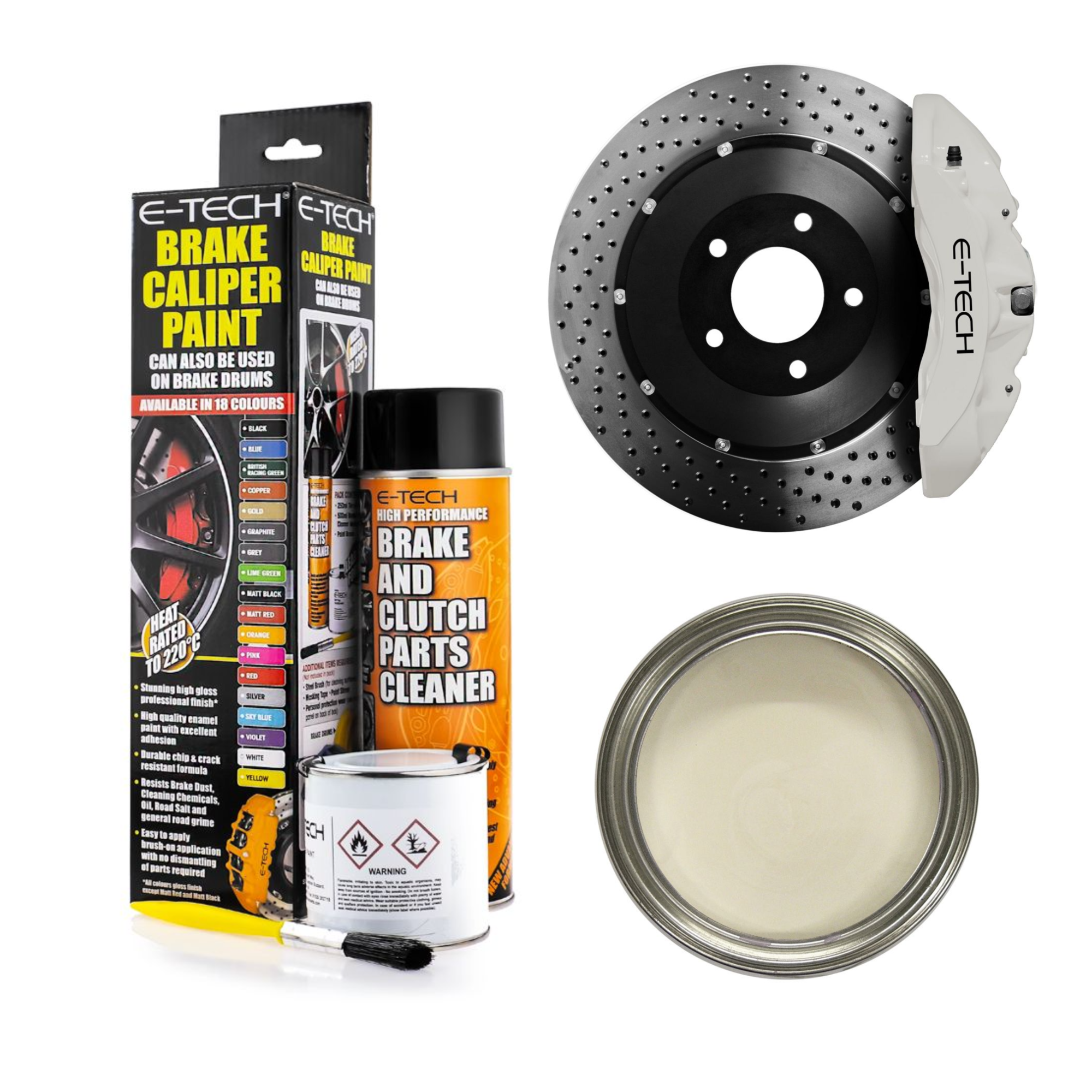 E-Tech Caliper Paint Kit - White - 250ml Tin of paint & 500ml brake cleaner aerosol