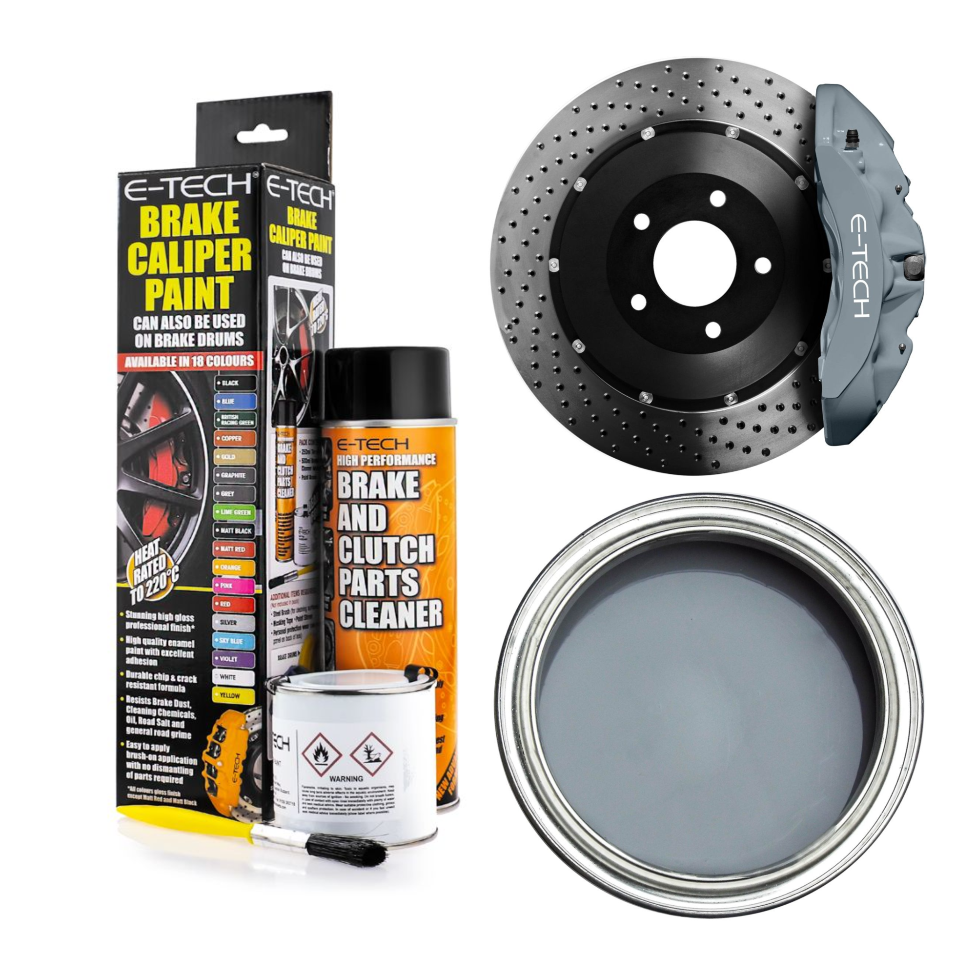 E-Tech Caliper Paint Kit - Grey- 250ml Tin of paint & 500ml brake cleaner aerosol