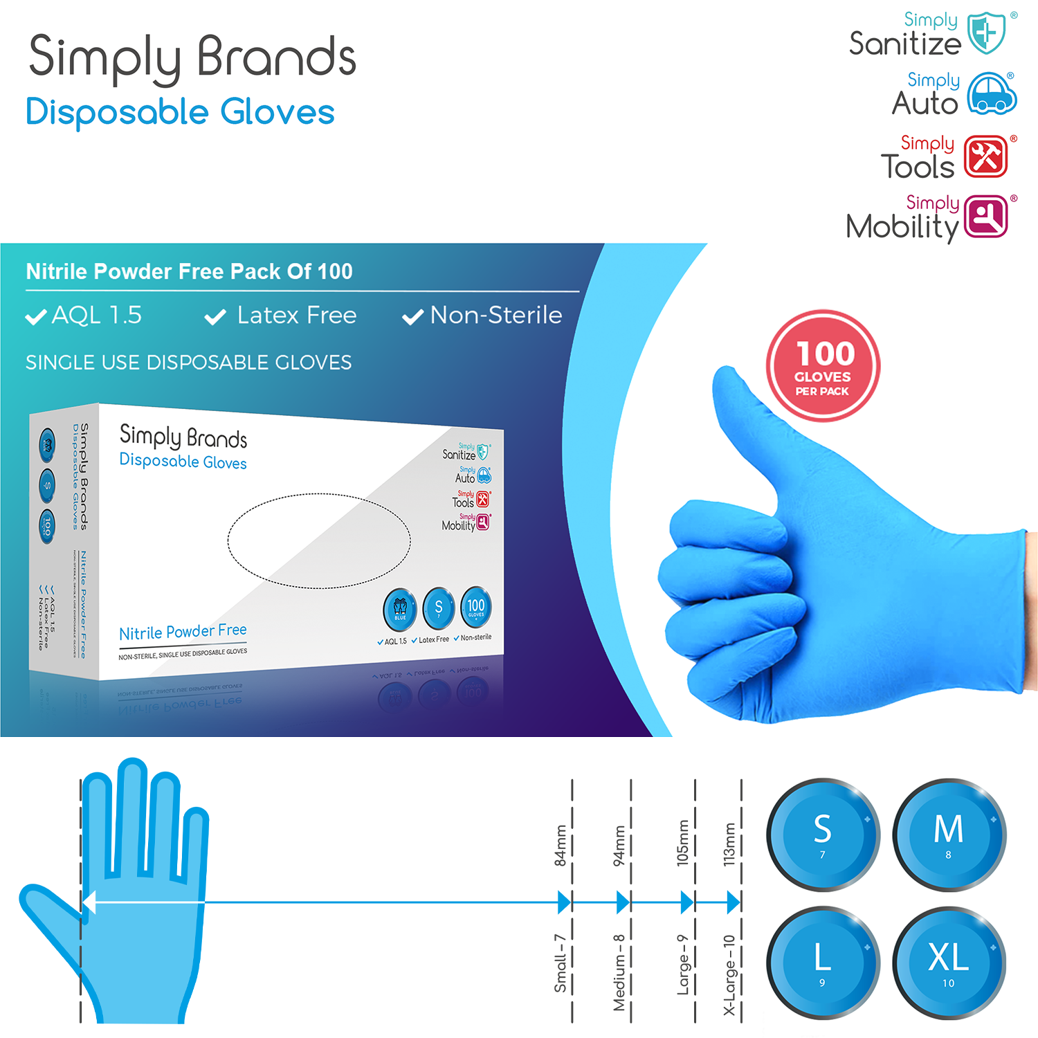 Simply Sanitize 100Pk Medium Blue Nitrile Gloves