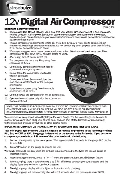 Streetwize 250PSI 12V Tyre Shape Digital Air Compressor With Auto Shut-Off